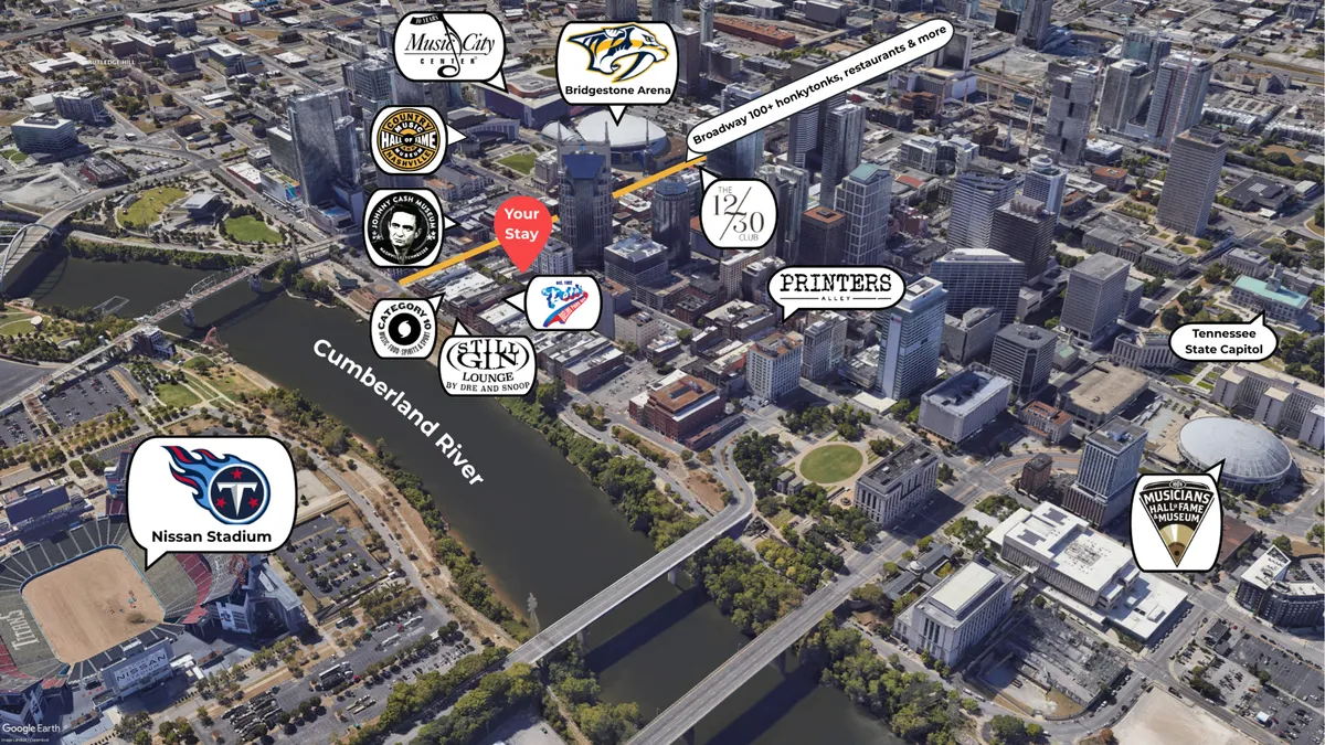 A panoramic view of downtown Nashville, featuring the Cumberland River, the skyline, and prominent landmarks like Bridgestone Arena and Nissan Stadium. The scene buzzes with activity and excitement, hinting at the city’s many entertainment options.