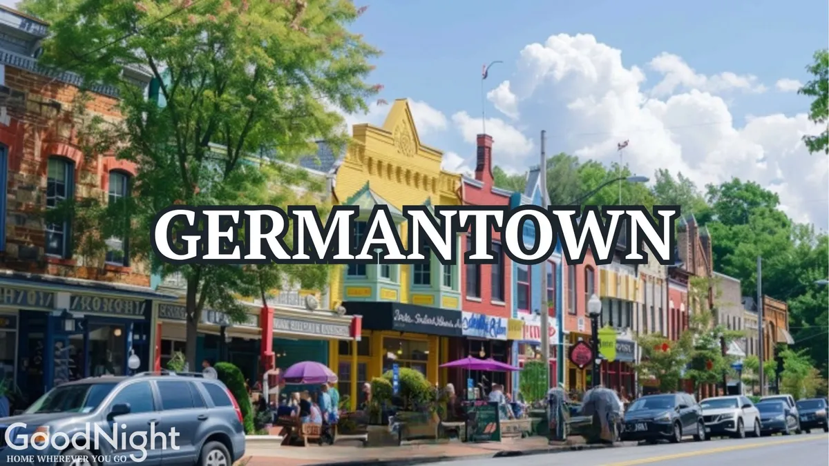 A colorful exterior streetscape showing vibrant storefronts, diners enjoying meals at outdoor tables, and leafy trees lining the avenue. The atmosphere is cheerful and bustling, suggesting a welcoming neighborhood full of shops, food, and social activity.